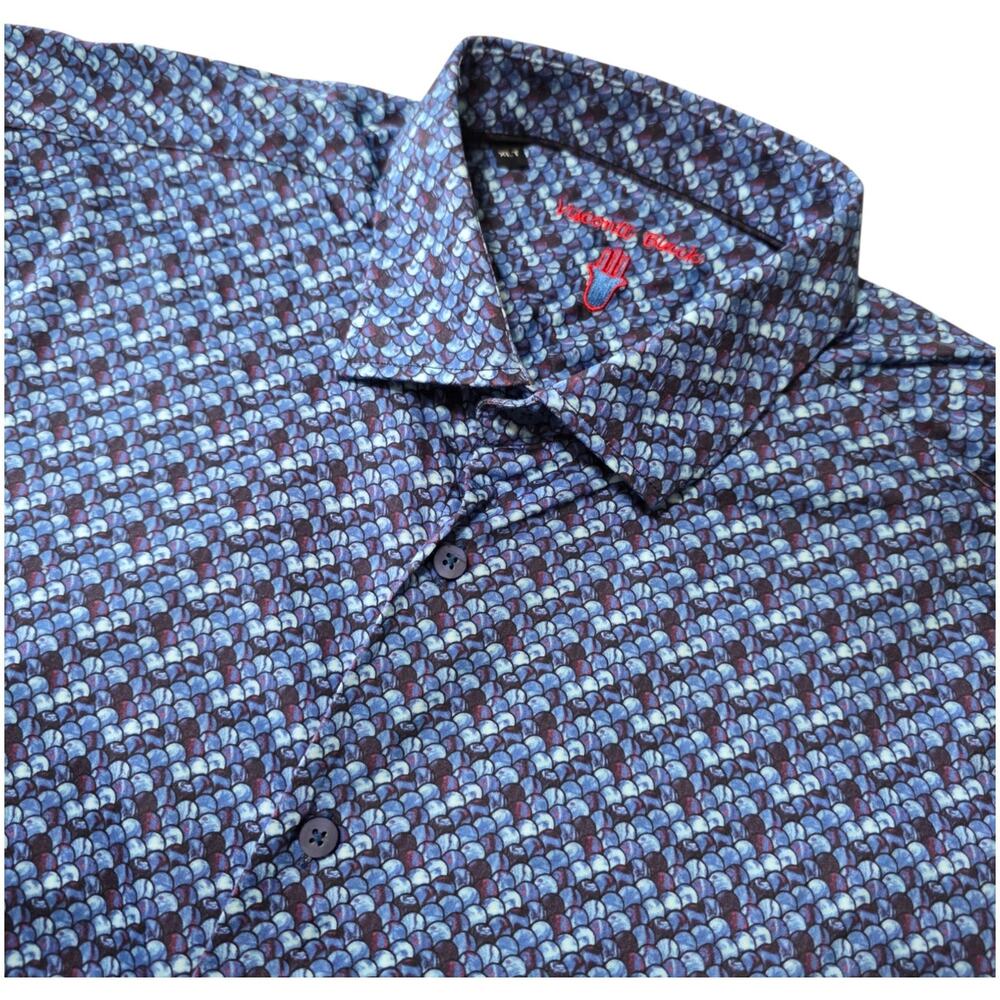 Luciano Visconti Black Blue Geometric Print Button Shirt Men's XLT Stretch